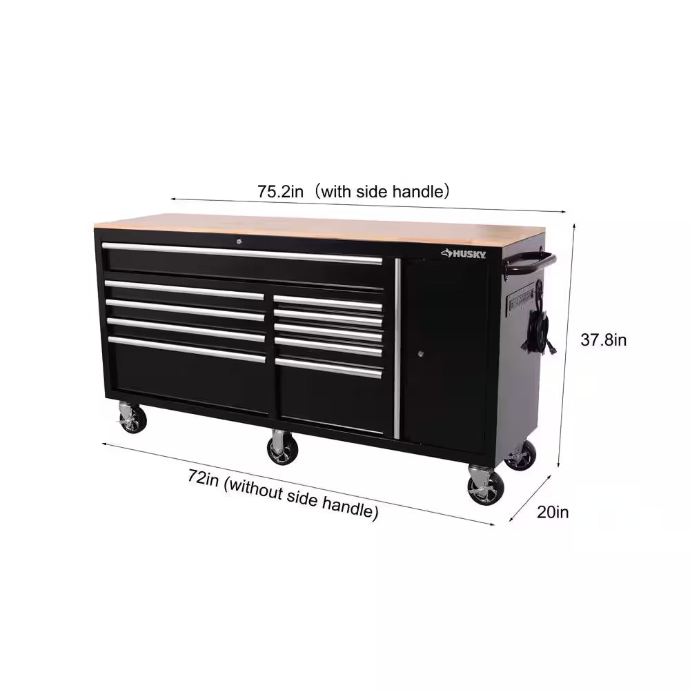Standard Duty 72 In. W X 20 In. D 10-Drawer Gloss Black Mobile Workbench Cabinet with Solid Wood Top