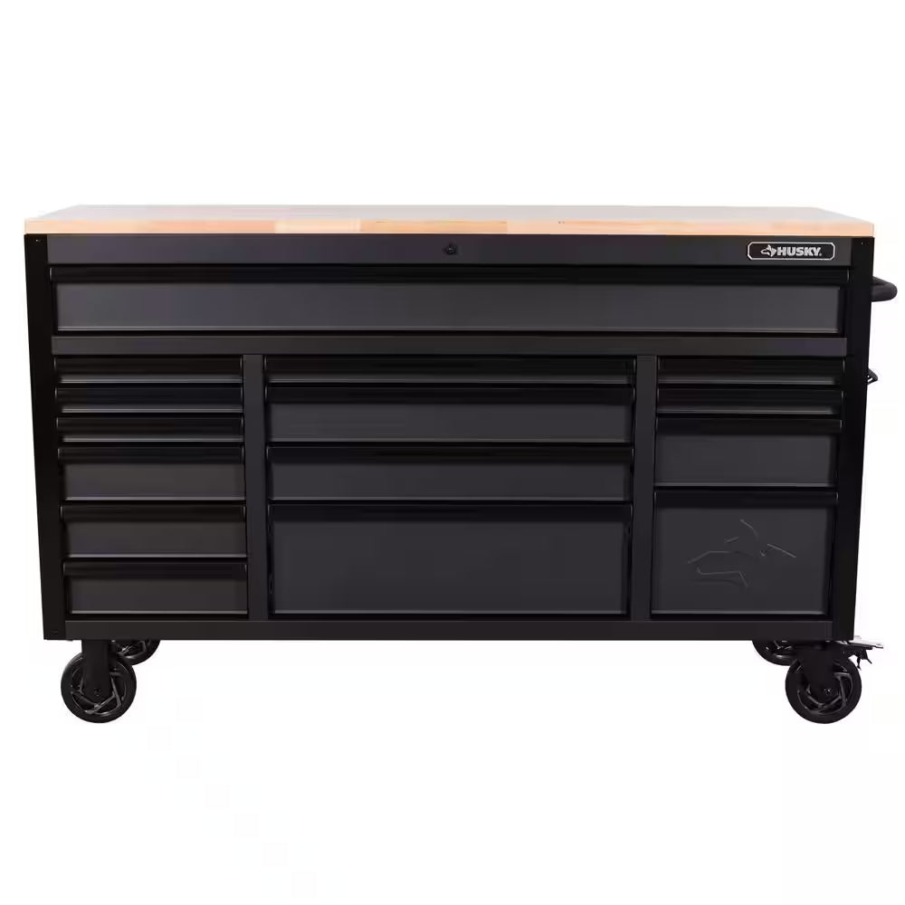 Heavy Duty 61 In. W X 23 In. D 15-Drawer Matte Gray Mobile Workbench Cabinet with Solid Wood Top