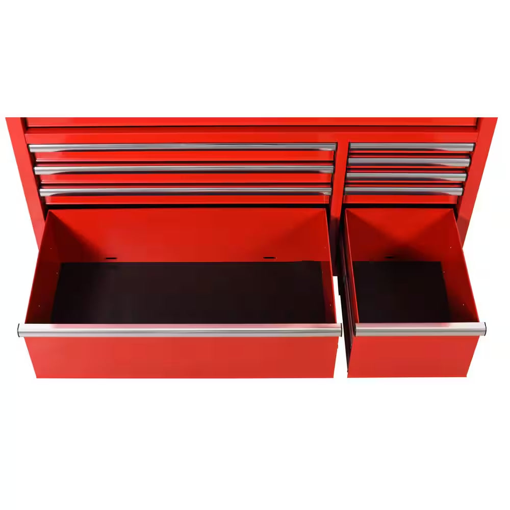 52 In. W 10-Drawer Gloss Red Mobile Workbench Cabinet with Solid Wood Top and Pegboard