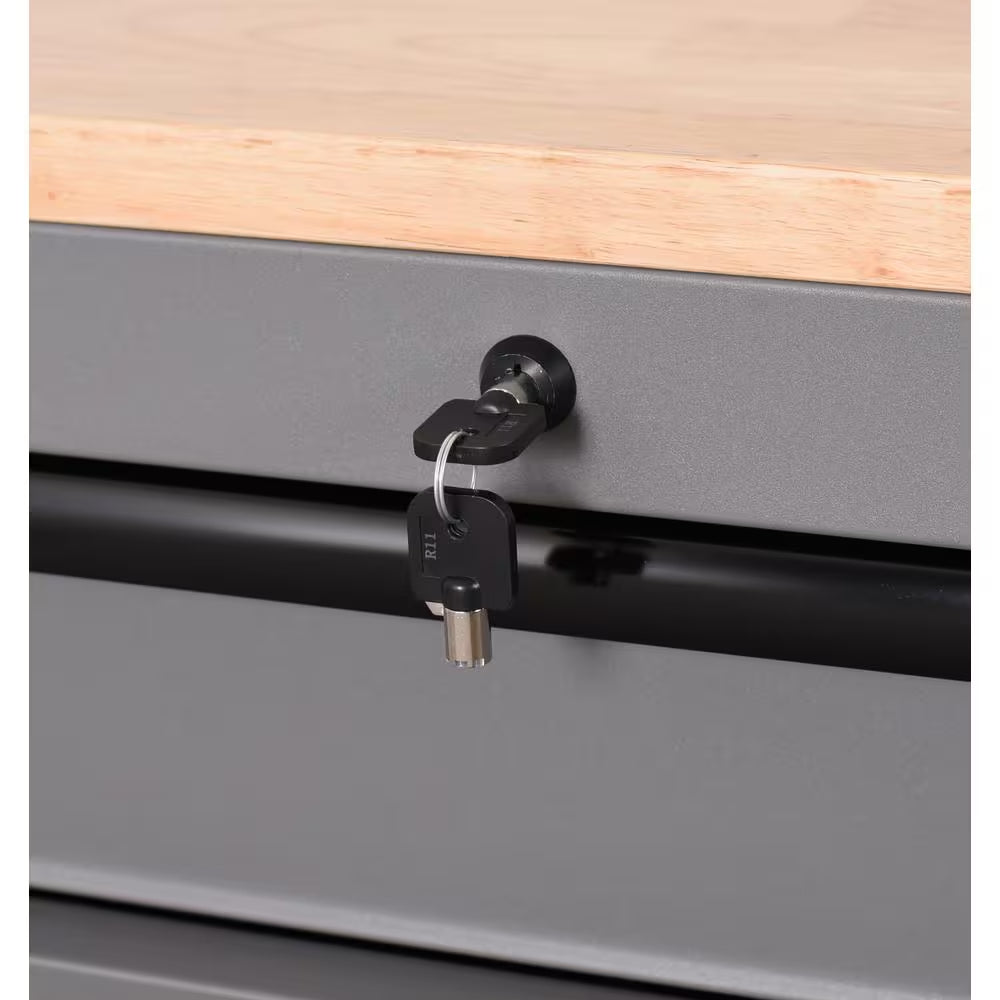 Heavy Duty 61 In. W X 23 In. D 15-Drawer Matte Gray Mobile Workbench Cabinet with Solid Wood Top