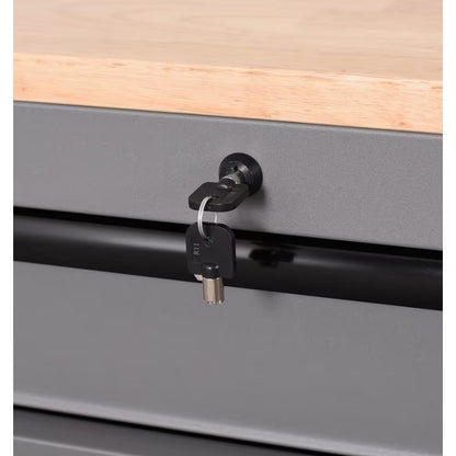 Heavy Duty 61 In. W X 23 In. D 15-Drawer Matte Gray Mobile Workbench Cabinet with Solid Wood Top