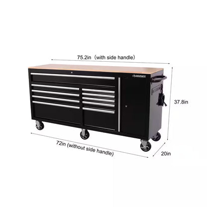 Standard Duty 72 In. W X 20 In. D 10-Drawer Gloss Black Mobile Workbench Cabinet with Solid Wood Top