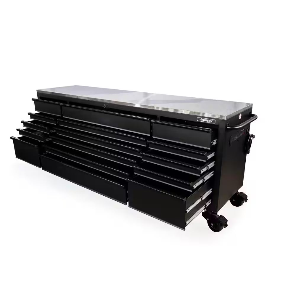 96 In. W X 24 In. D 16-Drawer Heavy-Duty Mobile Workbench with Stainless Steel Top in Matte Black