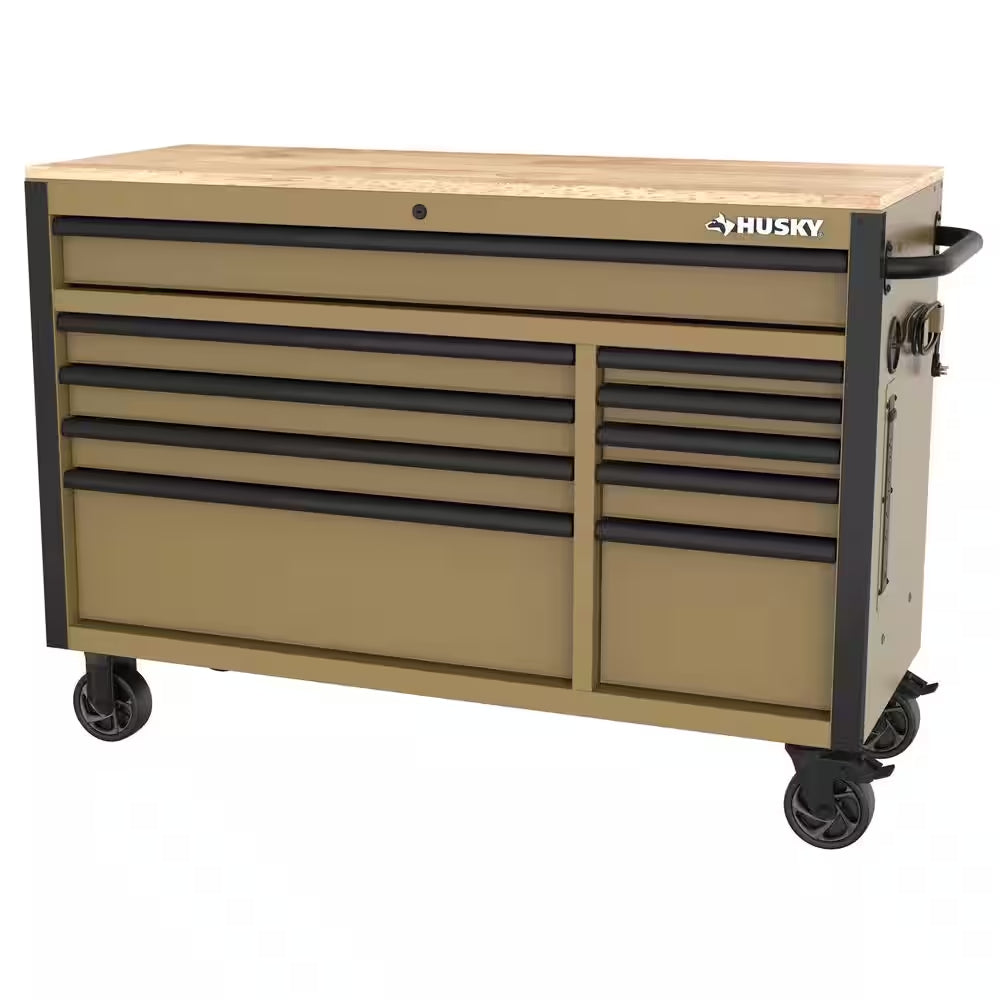 Standard-Duty 52 In. W 10-Drawer Matte Tan Mobile Workbench Cabinet with Solid Wood Top