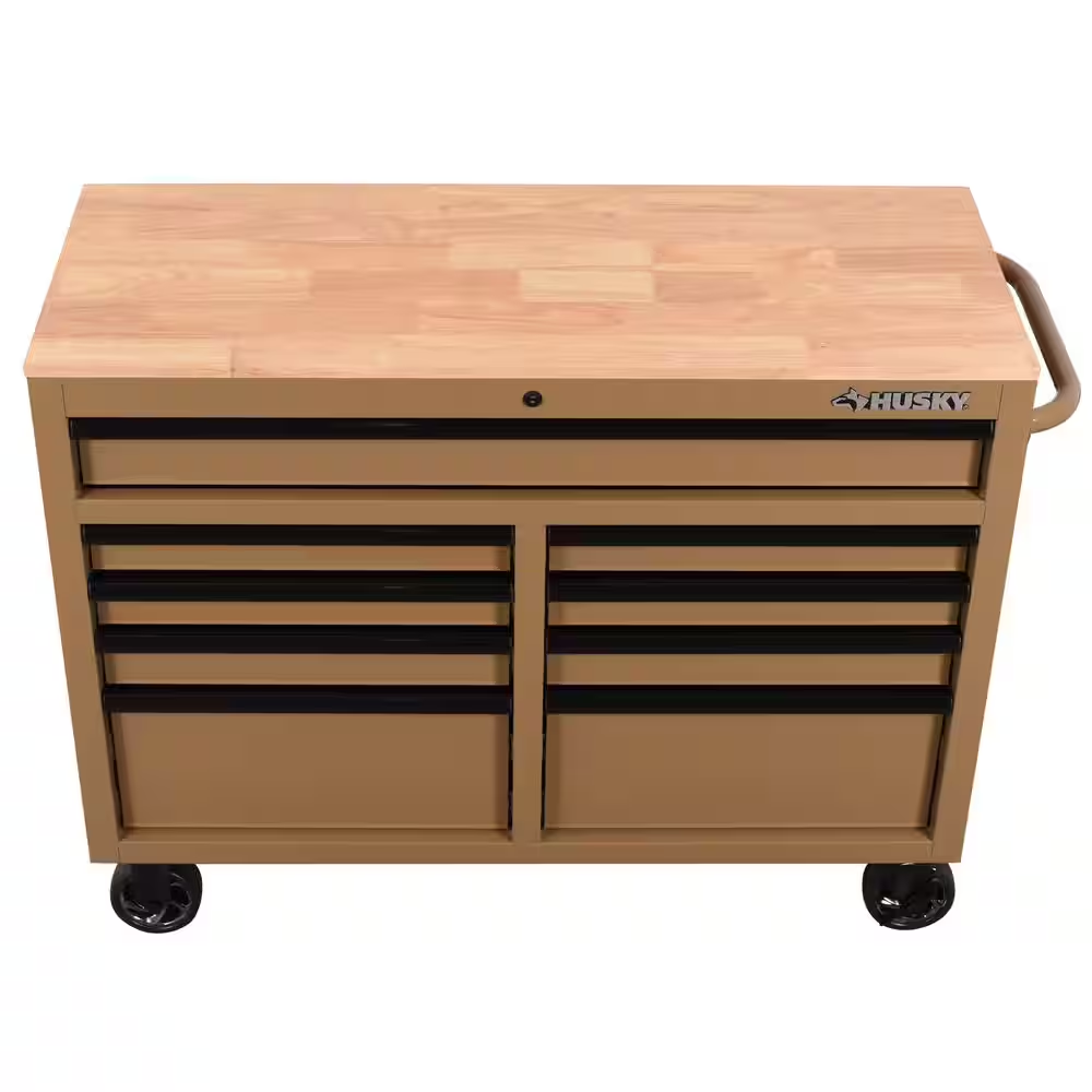 Standard Duty 46 In. W X 18 In. D 9-Drawer Gloss Tan Mobile Workbench Cabinet with Solid Wood Top