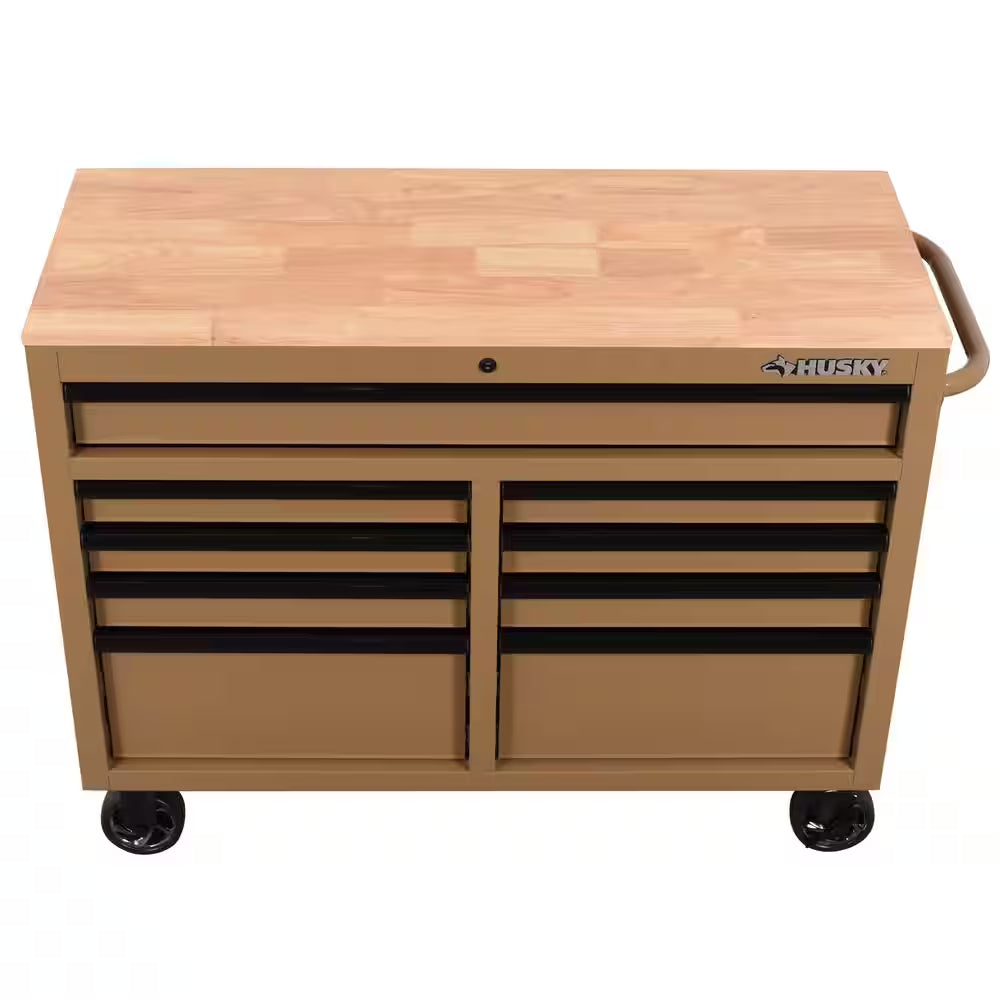 Standard Duty 46 In. W X 18 In. D 9-Drawer Gloss Tan Mobile Workbench Cabinet with Solid Wood Top
