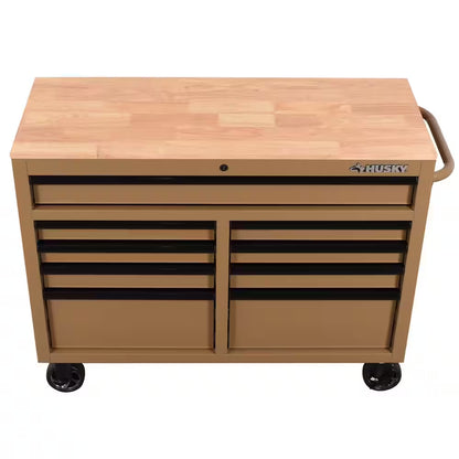 Standard Duty 46 In. W X 18 In. D 9-Drawer Gloss Tan Mobile Workbench Cabinet with Solid Wood Top
