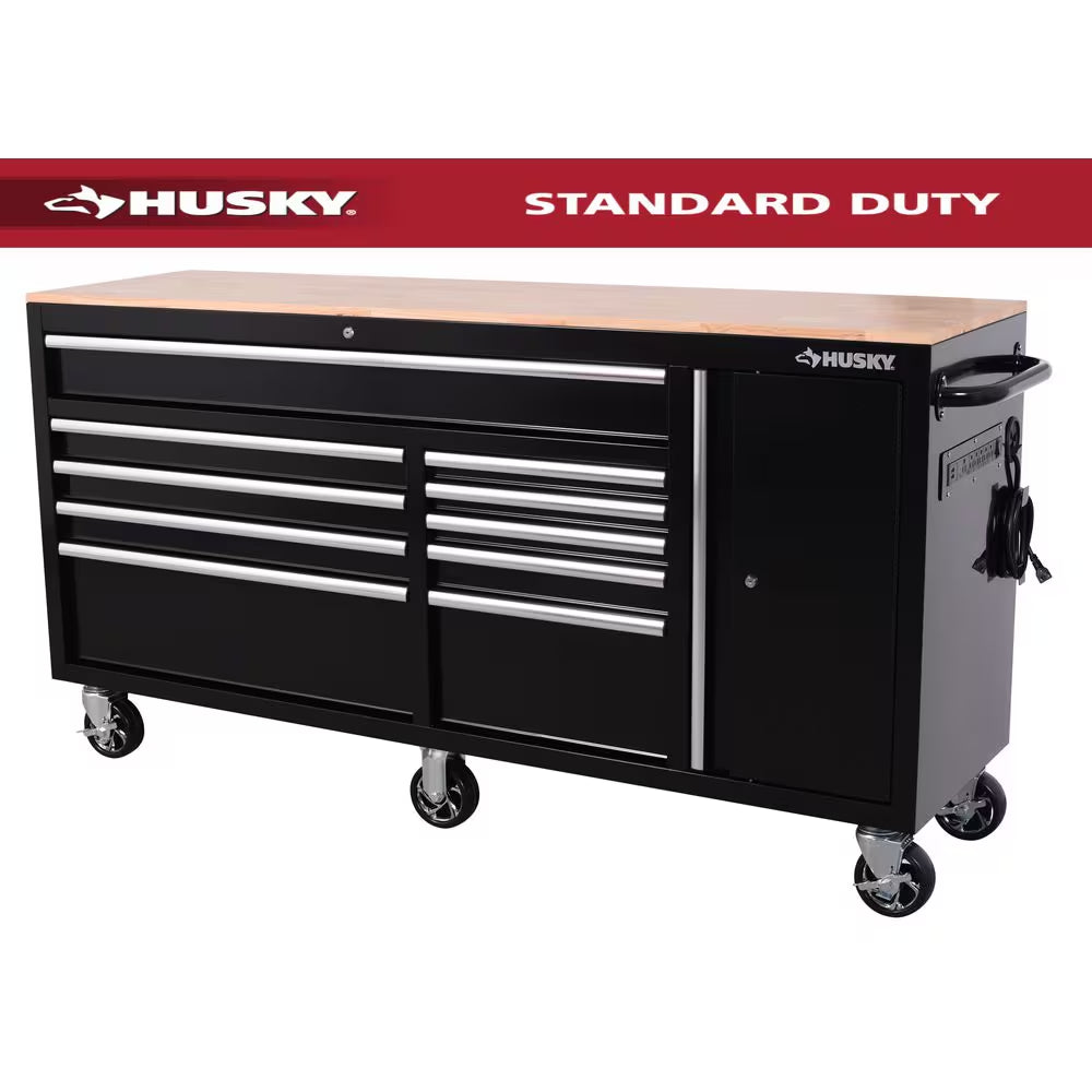 Standard Duty 72 In. W X 20 In. D 10-Drawer Gloss Black Mobile Workbench Cabinet with Solid Wood Top