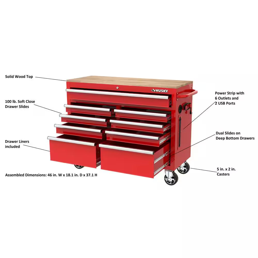 Tool Storage 46 In. W X 18 In. D 9-Drawer Gloss Red Mobile Workbench Cabinet