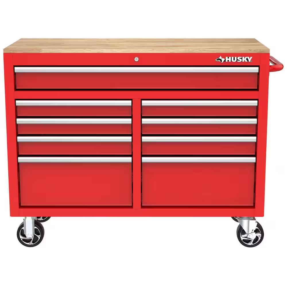 Tool Storage 46 In. W X 18 In. D 9-Drawer Gloss Red Mobile Workbench Cabinet