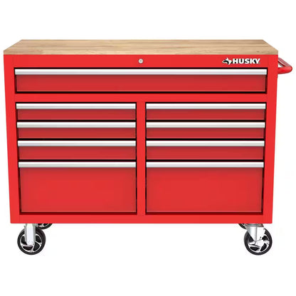 Tool Storage 46 In. W X 18 In. D 9-Drawer Gloss Red Mobile Workbench Cabinet