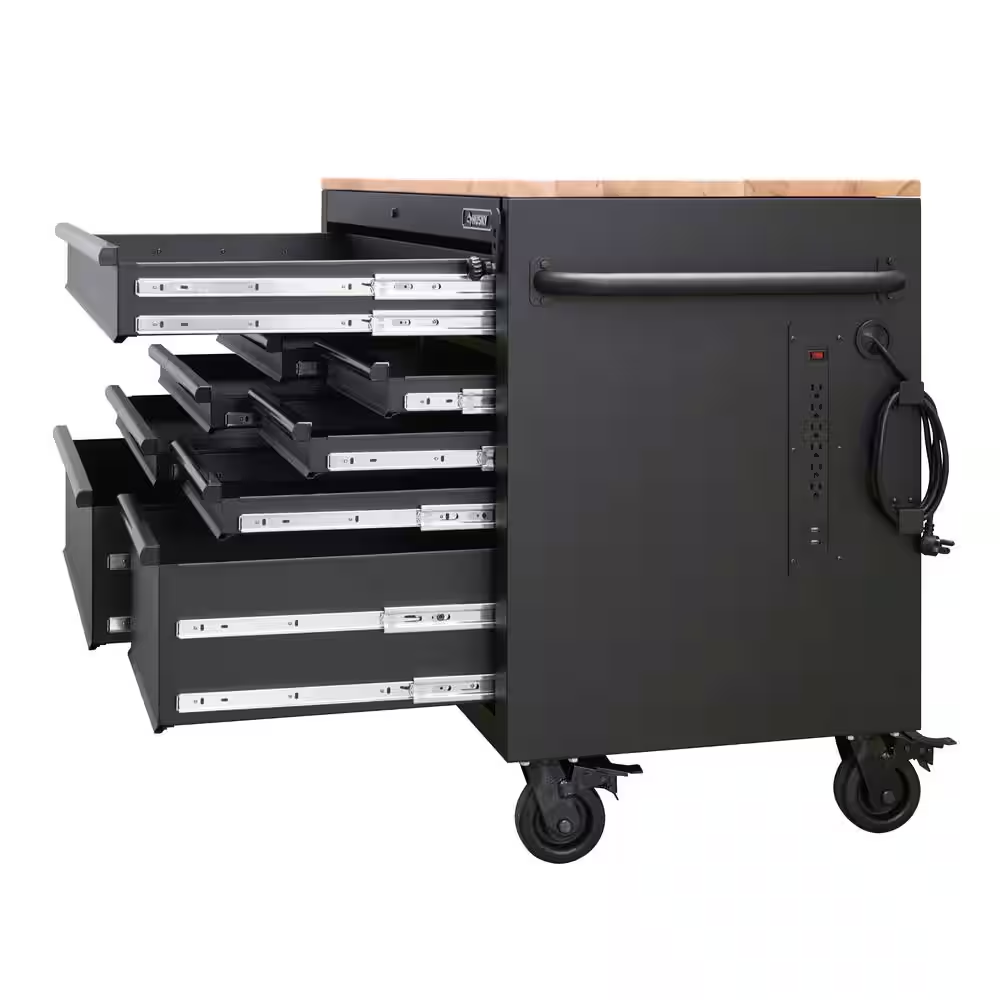 52 In. W X 25 In. D Heavy Duty 9-Drawer Mobile Workbench Cabinet with Adjustable-Height Hardwood Top in Matte Black