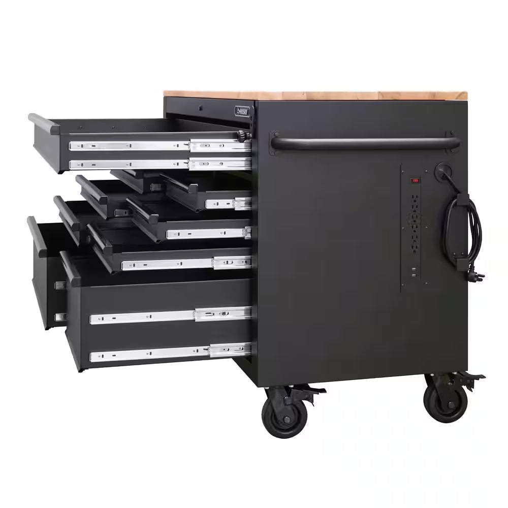 52 In. W X 25 In. D Heavy Duty 9-Drawer Mobile Workbench Cabinet with Adjustable-Height Hardwood Top in Matte Black