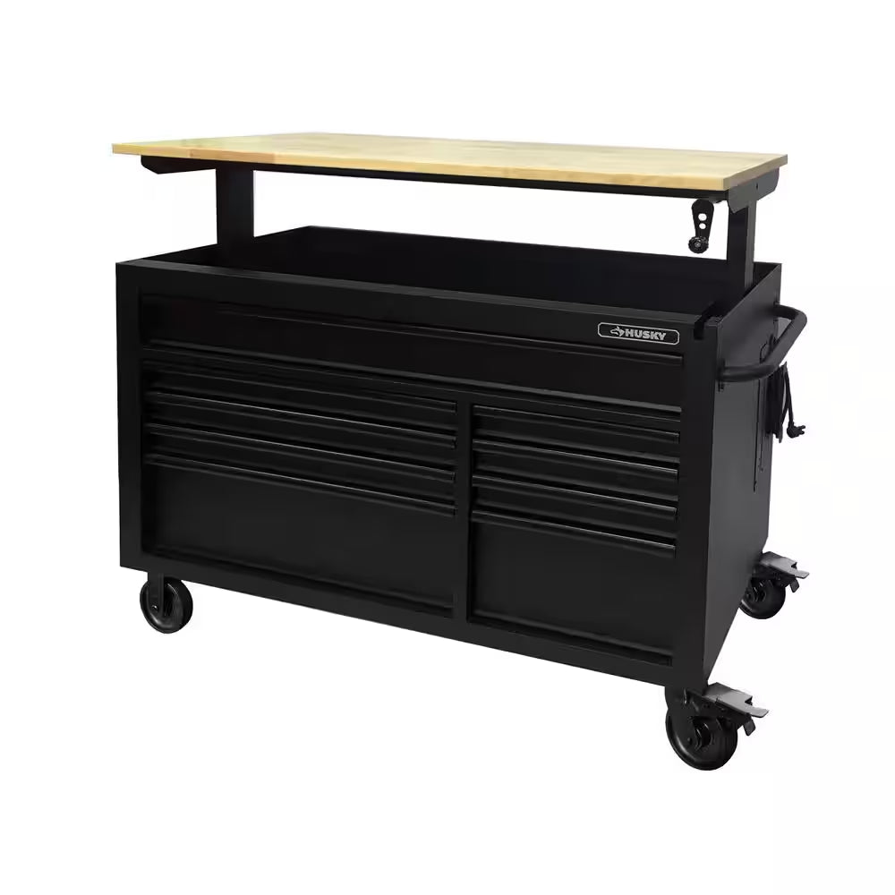 52 In. W X 25 In. D Heavy Duty 9-Drawer Mobile Workbench Cabinet with Adjustable-Height Hardwood Top in Matte Black
