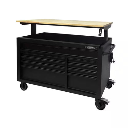 52 In. W X 25 In. D Heavy Duty 9-Drawer Mobile Workbench Cabinet with Adjustable-Height Hardwood Top in Matte Black