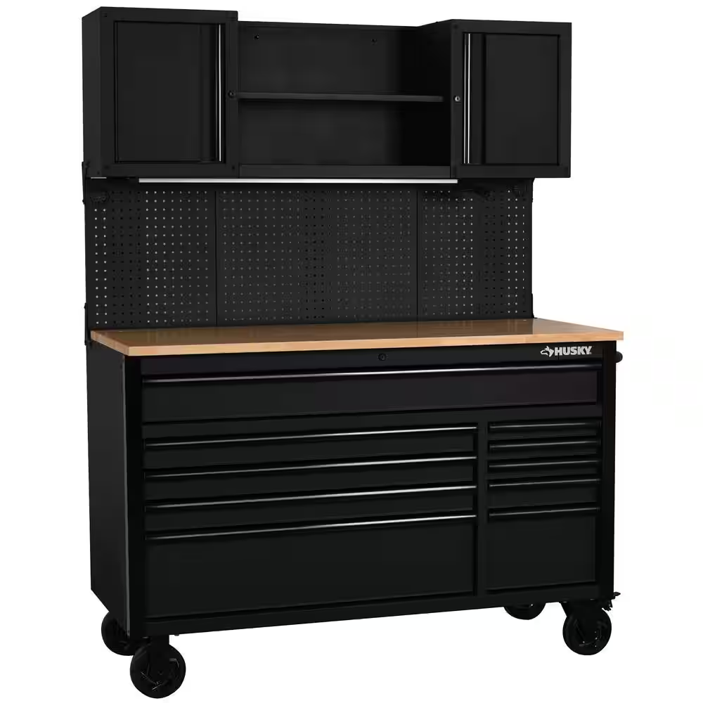 56 In. W X 27.6 In. D 10-Drawer Matte Black Heavy-Duty Mobile Workbench with Pegboard and Top Cabinets