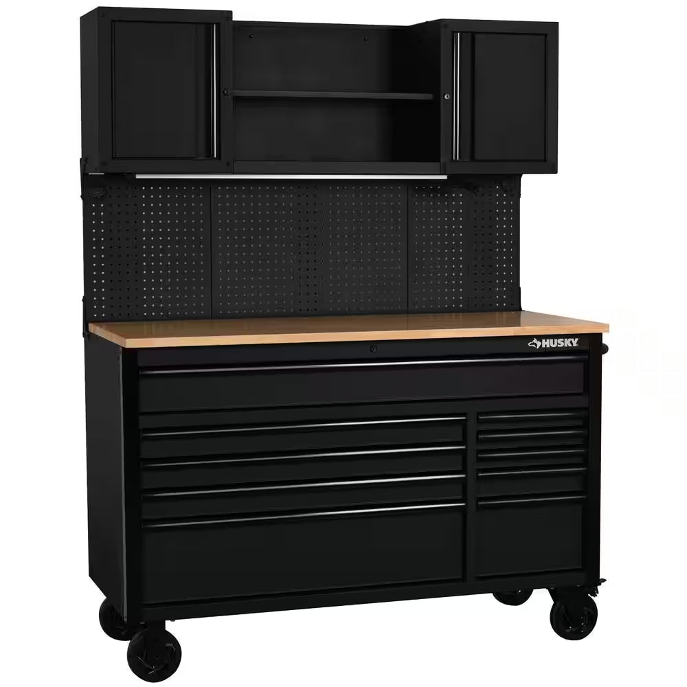 56 In. W X 27.6 In. D 10-Drawer Matte Black Heavy-Duty Mobile Workbench with Pegboard and Top Cabinets