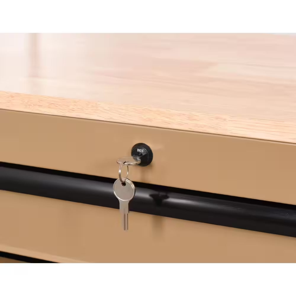 Standard Duty 46 In. W X 18 In. D 9-Drawer Gloss Tan Mobile Workbench Cabinet with Solid Wood Top
