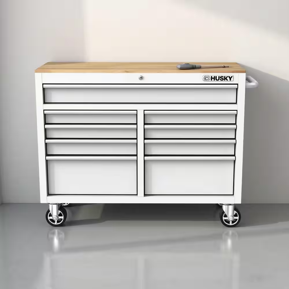 Tool Storage 46 In. W X 18 In. D 9-Drawer Gloss White Mobile Workbench Cabinet