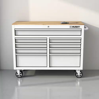 Tool Storage 46 In. W X 18 In. D 9-Drawer Gloss White Mobile Workbench Cabinet