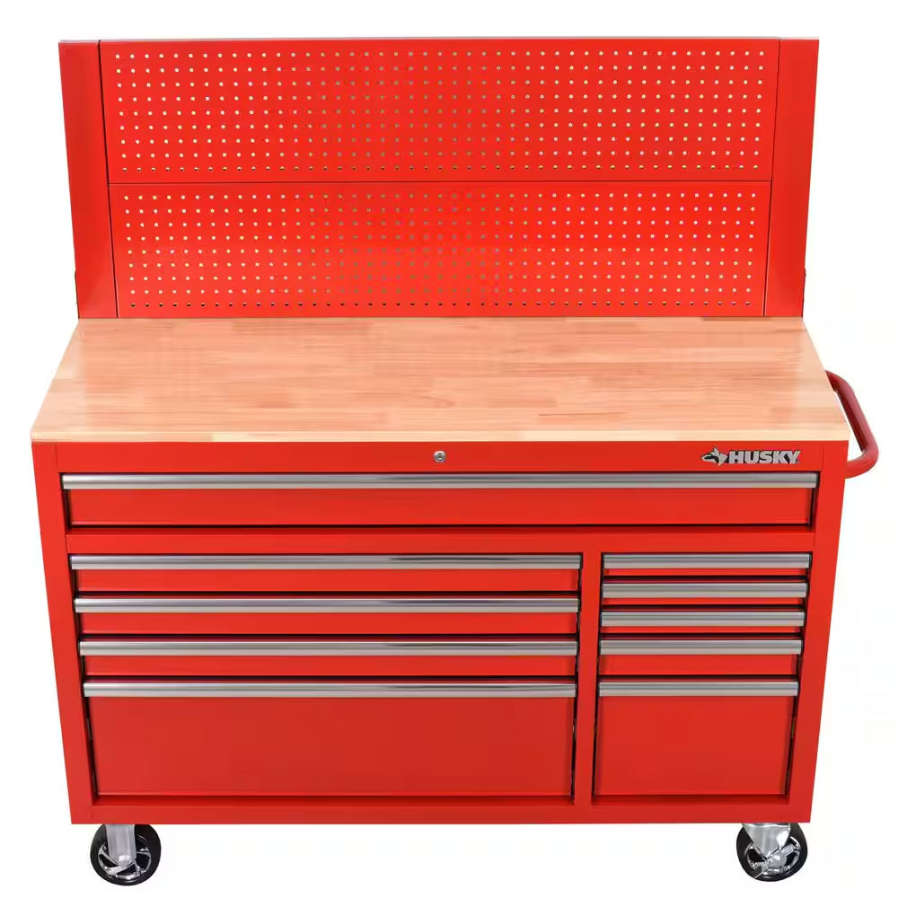 52 In. W 10-Drawer Gloss Red Mobile Workbench Cabinet with Solid Wood Top and Pegboard