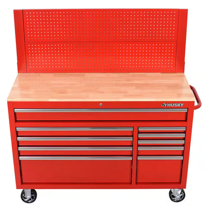52 In. W 10-Drawer Gloss Red Mobile Workbench Cabinet with Solid Wood Top and Pegboard