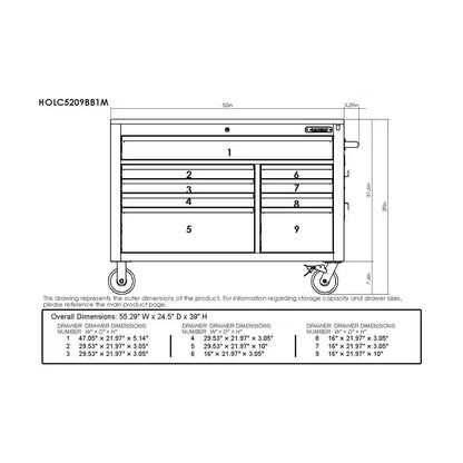 52 In. W X 25 In. D Heavy Duty 9-Drawer Mobile Workbench Cabinet with Adjustable-Height Hardwood Top in Matte Black