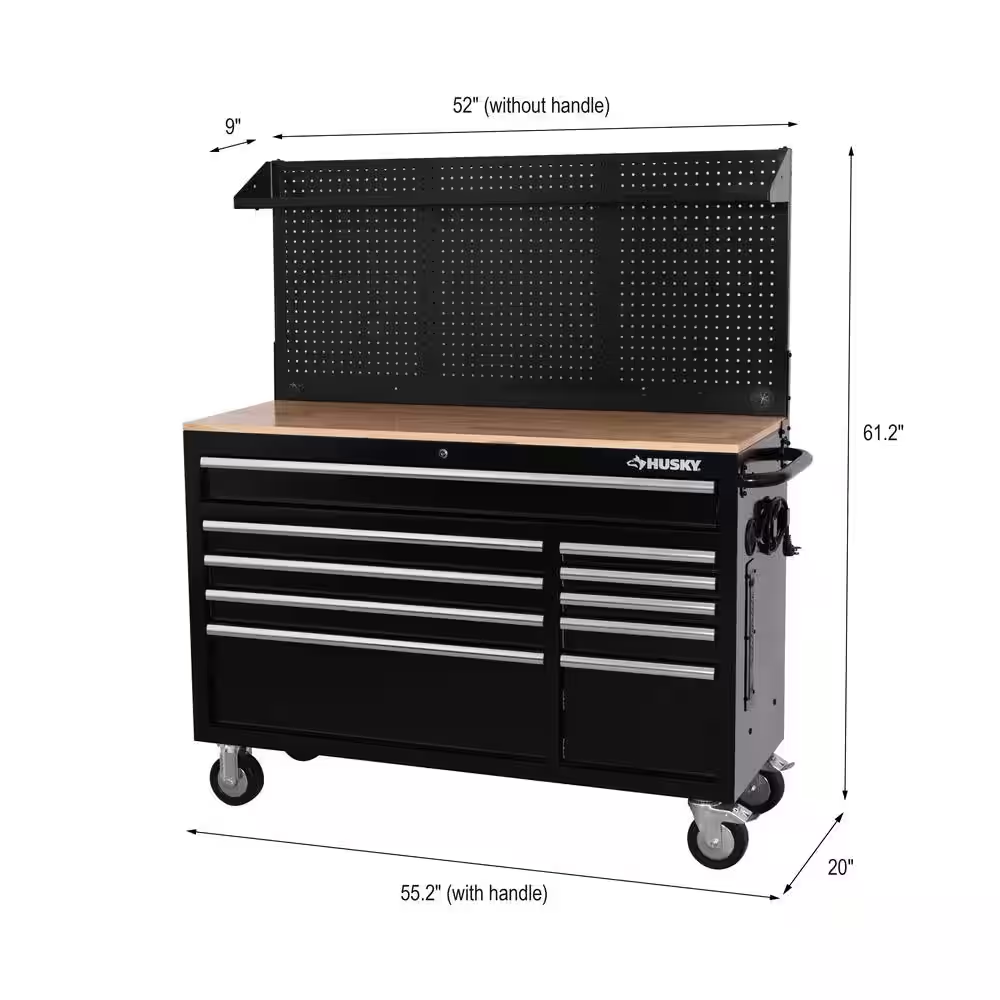 Modular Tool Storage 52 In. W Standard Duty Black Mobile Workbench Cabinet with Pegboard