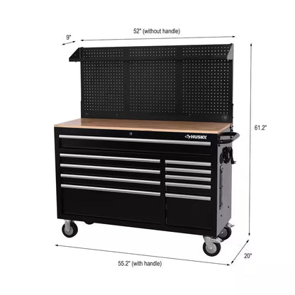 Modular Tool Storage 52 In. W Standard Duty Black Mobile Workbench Cabinet with Pegboard