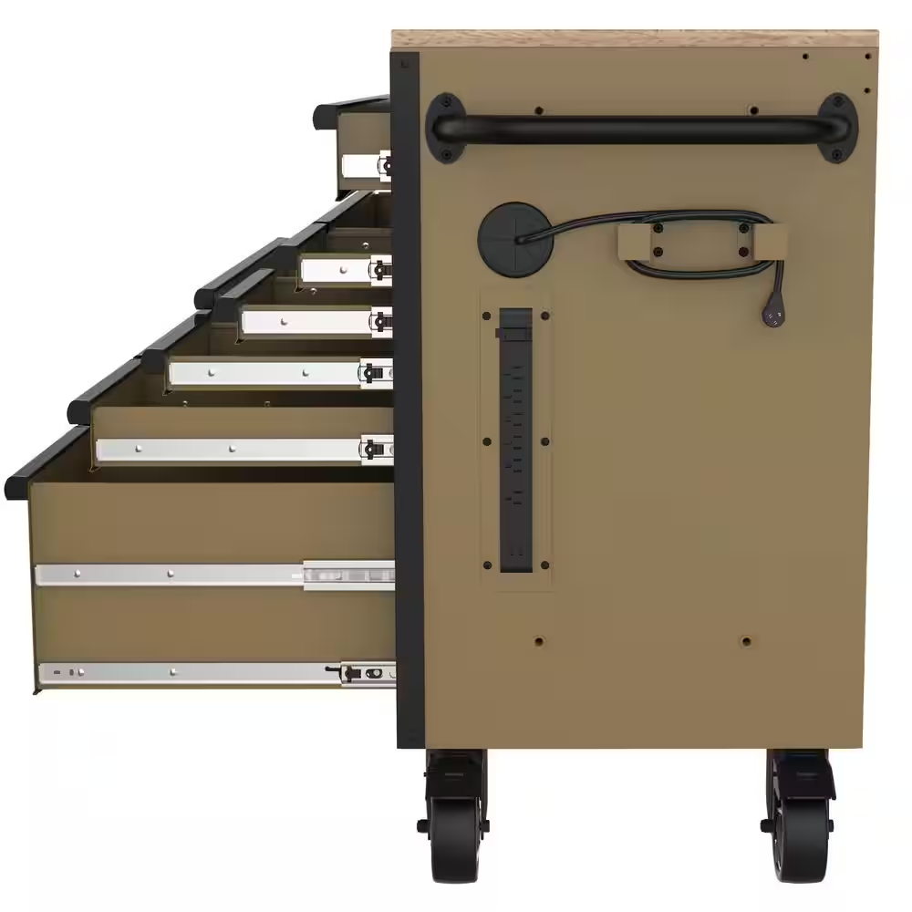 Standard-Duty 52 In. W 10-Drawer Matte Tan Mobile Workbench Cabinet with Solid Wood Top