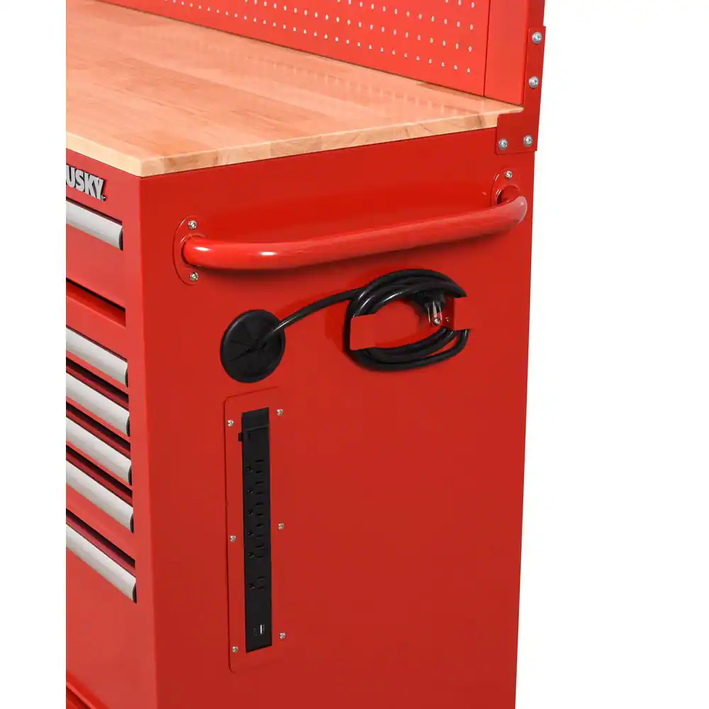 52 In. W 10-Drawer Gloss Red Mobile Workbench Cabinet with Solid Wood Top and Pegboard