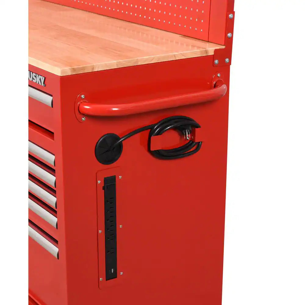 52 In. W 10-Drawer Gloss Red Mobile Workbench Cabinet with Solid Wood Top and Pegboard