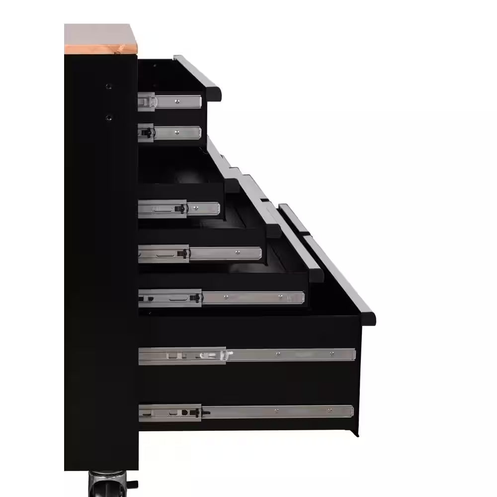Standard Duty 72 In. W X 20 In. D 10-Drawer Gloss Black Mobile Workbench Cabinet with Solid Wood Top