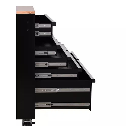 Standard Duty 72 In. W X 20 In. D 10-Drawer Gloss Black Mobile Workbench Cabinet with Solid Wood Top