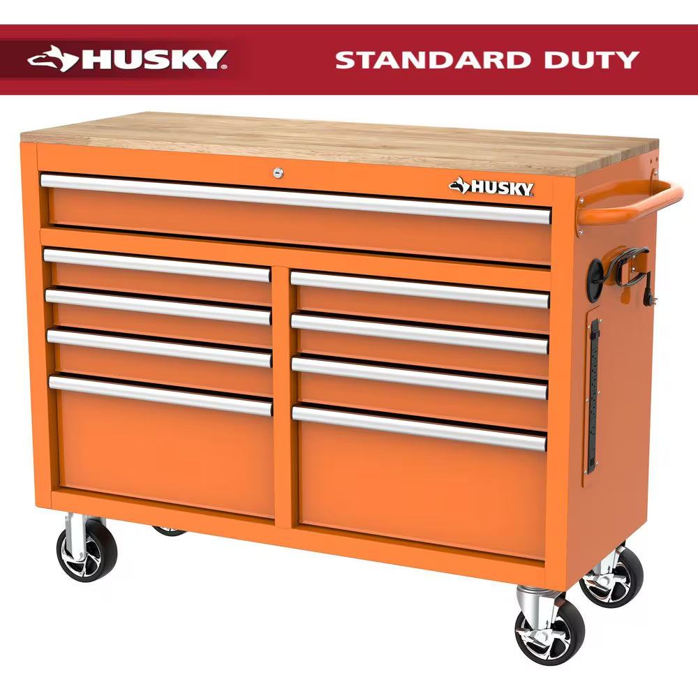 Standard Duty 46 In. W X 18 In. D 9-Drawer Gloss Tan Mobile Workbench Cabinet with Solid Wood Top