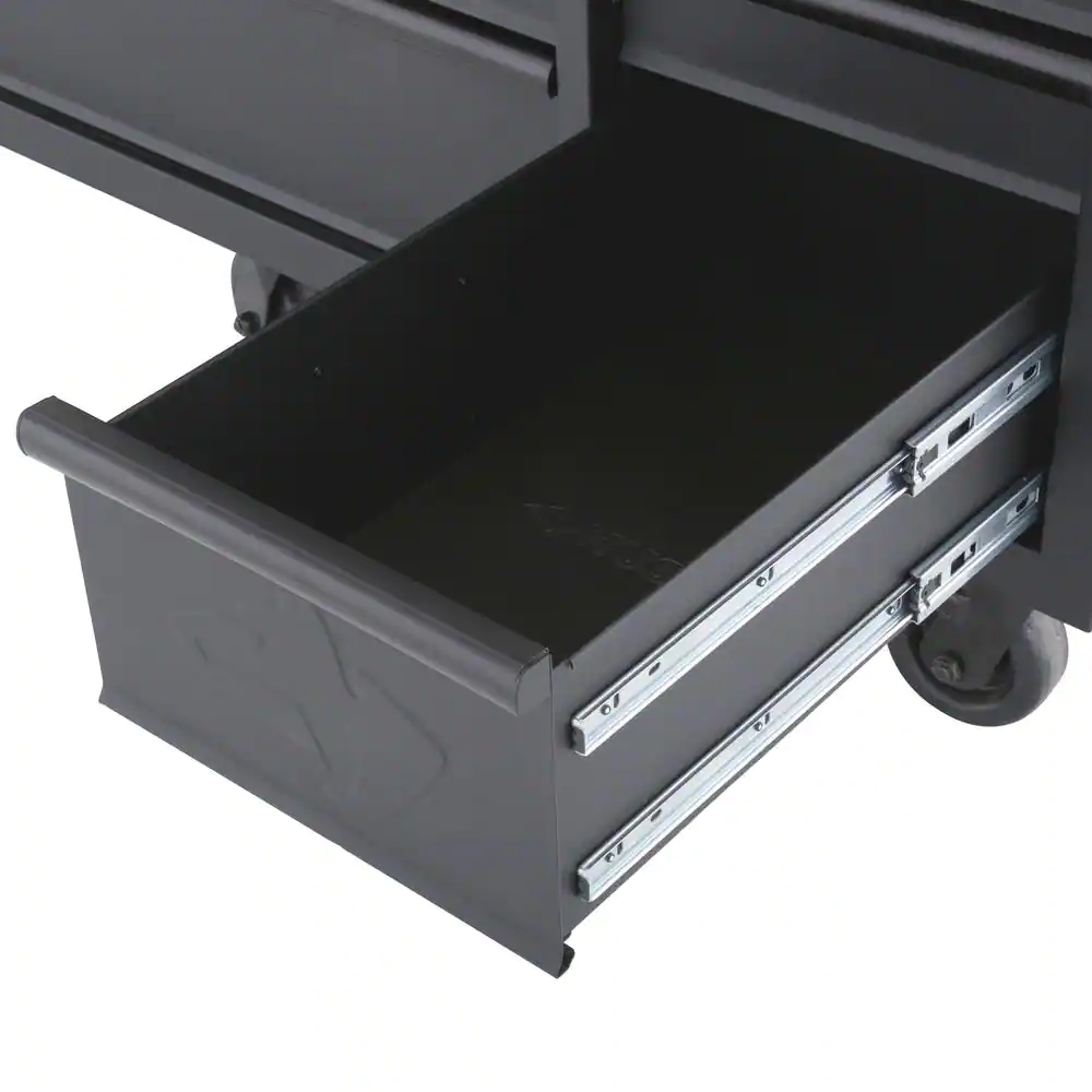 61 In. W X 26 In. D Heavy Duty 10-Drawer 1-Door Mobile Workbench with Hardwood Top, Pegboard and Shelf in Matte Black