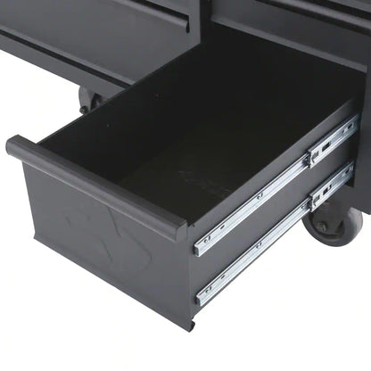 61 In. W X 26 In. D Heavy Duty 10-Drawer 1-Door Mobile Workbench with Hardwood Top, Pegboard and Shelf in Matte Black