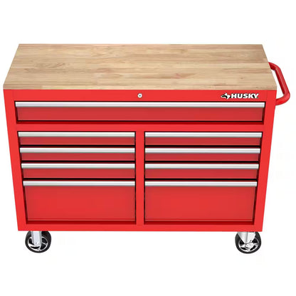 Tool Storage 46 In. W X 18 In. D 9-Drawer Gloss Red Mobile Workbench Cabinet