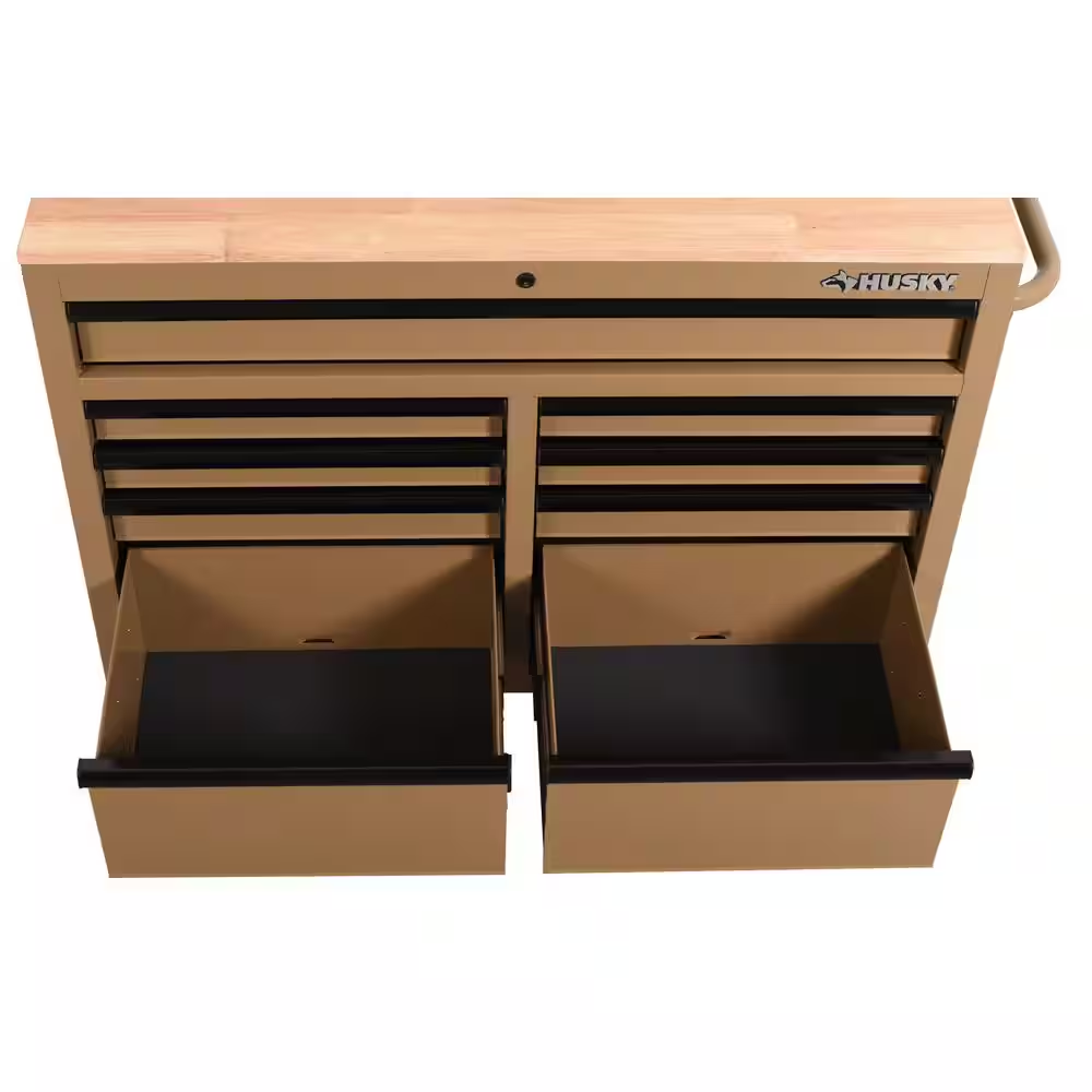 Standard Duty 46 In. W X 18 In. D 9-Drawer Gloss Tan Mobile Workbench Cabinet with Solid Wood Top