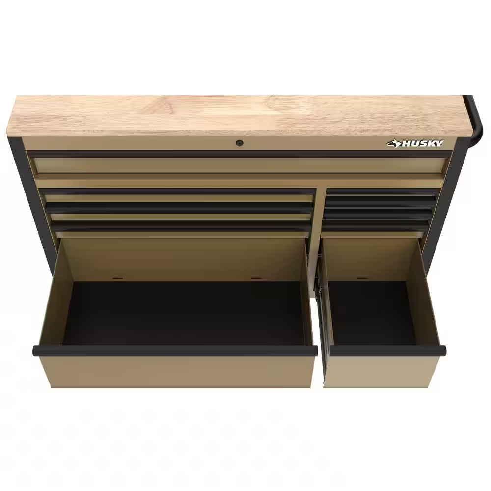 Standard-Duty 52 In. W 10-Drawer Matte Tan Mobile Workbench Cabinet with Solid Wood Top