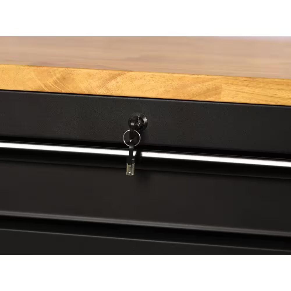 61 In. W X 23 In. D Heavy Duty 15-Drawer Mobile Workbench Tool Chest with Solid Wood Top in Matte Black