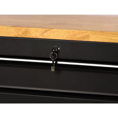 61 In. W X 23 In. D Heavy Duty 15-Drawer Mobile Workbench Tool Chest with Solid Wood Top in Matte Black