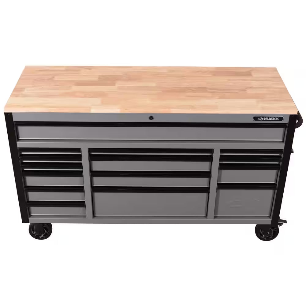 Heavy Duty 61 In. W X 23 In. D 15-Drawer Matte Gray Mobile Workbench Cabinet with Solid Wood Top