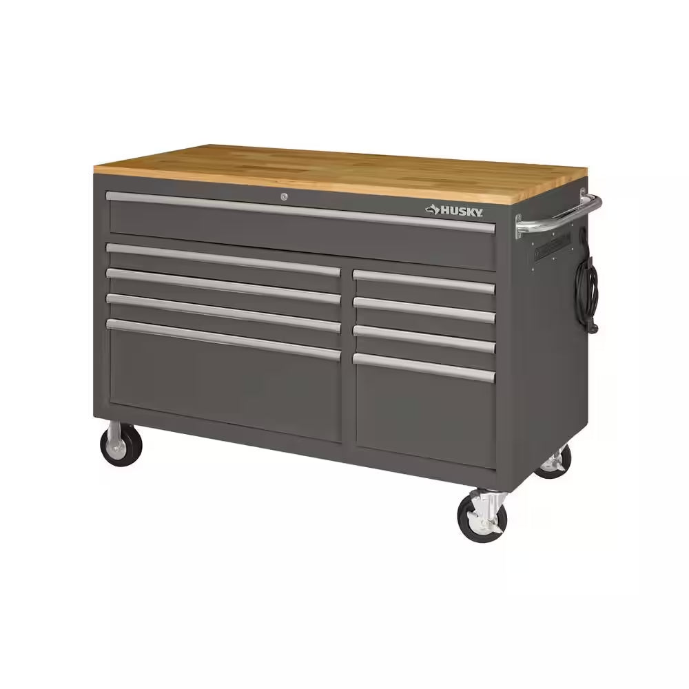 52 In. W X 25 In. D Heavy Duty 9-Drawer Mobile Workbench Cabinet with Adjustable-Height Hardwood Top in Matte Black