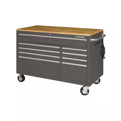52 In. W X 25 In. D Heavy Duty 9-Drawer Mobile Workbench Cabinet with Adjustable-Height Hardwood Top in Matte Black