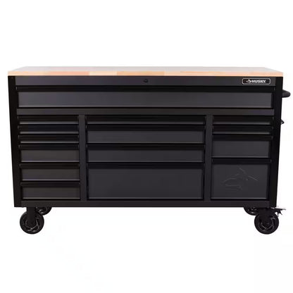 Heavy Duty 61 In. W X 23 In. D 15-Drawer Matte Gray Mobile Workbench Cabinet with Solid Wood Top