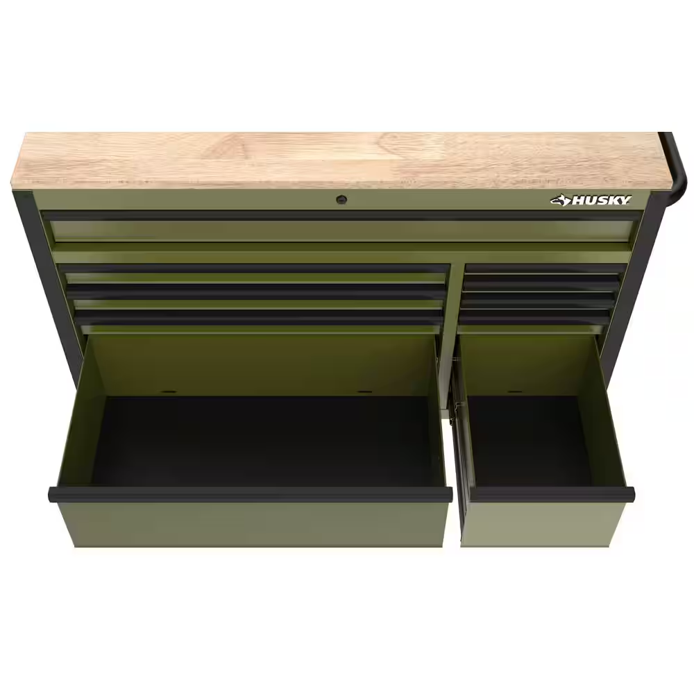 Standard-Duty 52 In. W 10-Drawer Matte Army Green Mobile Workbench Cabinet with Solid Wood Top