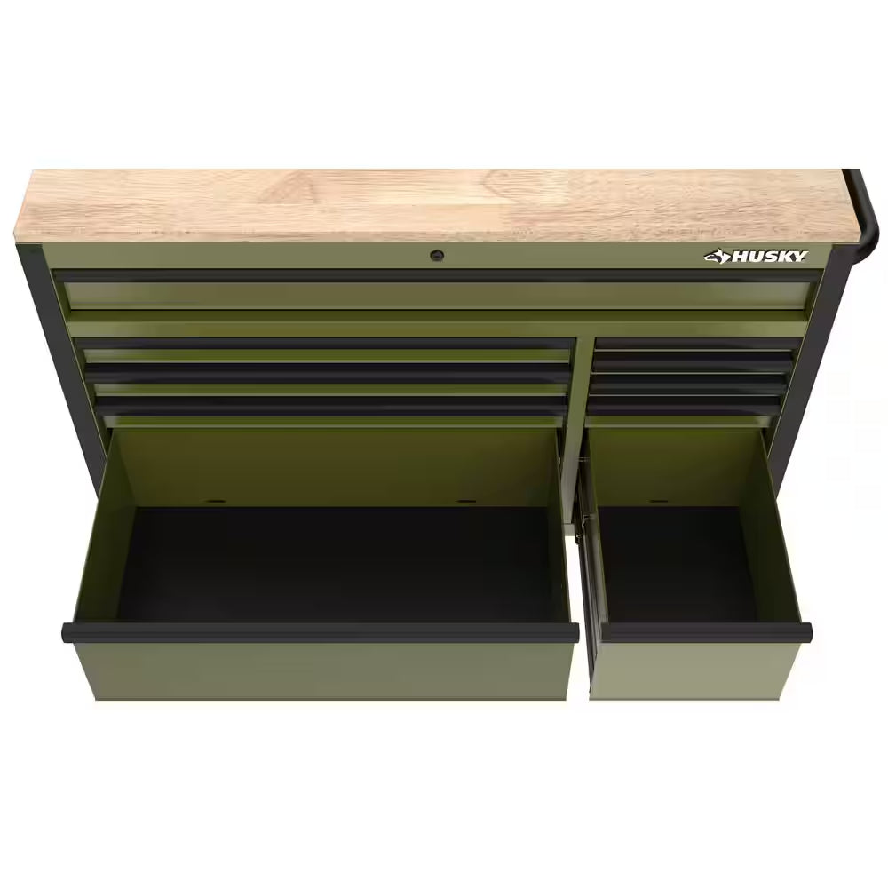 Standard-Duty 52 In. W 10-Drawer Matte Army Green Mobile Workbench Cabinet with Solid Wood Top