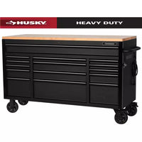 61 In. W X 23 In. D Heavy Duty 15-Drawer Mobile Workbench Tool Chest with Solid Wood Top in Matte Black