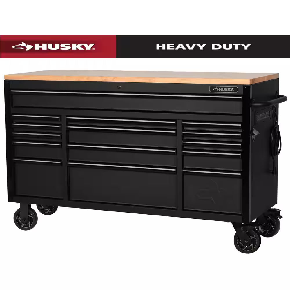61 In. W X 23 In. D Heavy Duty 15-Drawer Mobile Workbench Tool Chest with Solid Wood Top in Matte Black